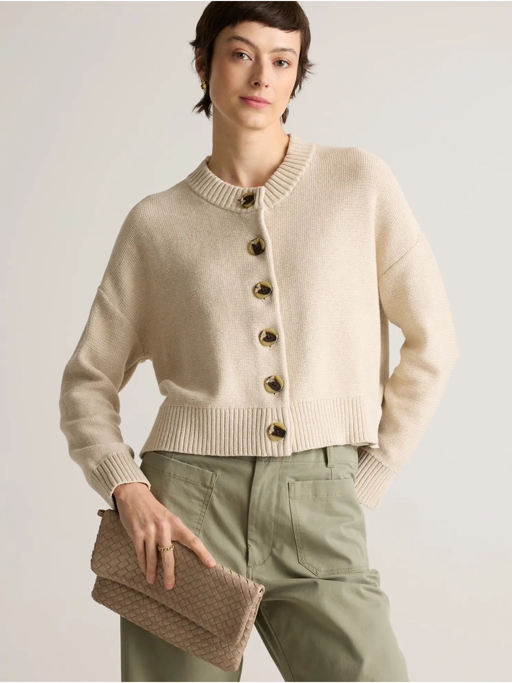 Quince Cream Button-Front Knit Organic Cotton Cardigan - Picture 2 of 8